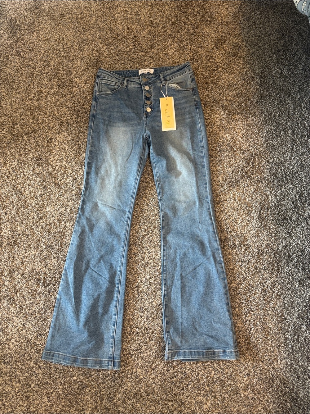 Rise Button-Fly Flare Jeans in Light Blue Denim